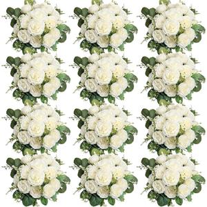 Peonies Artificial Flowers Bulk, 12 Bundles Fake Silk Peonies Faux Eucalyptus Bouquet Ivory Realistic Peony Floral Arrangement for Wedding Table Centerpiece Vase Decor (White)