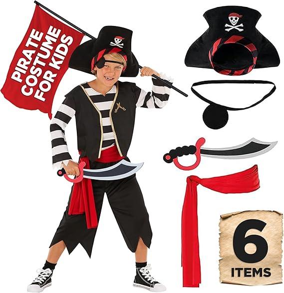 Morph Kids Pirate Costume Set with Toy Sword - Boys Pirate Deckhand Fancy Dress Outfit for Halloween and Parties L