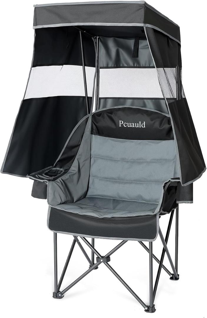Camping Chair with Canopy Shade Heavy Duty Folding Chair with Umbrella Cup Holder Oversized Beach Chairs with Canopy for Adults Portable Padded Outdoor Lawn Chair for Sports Events Fishing, 500LBS