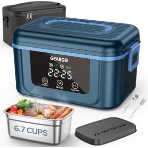 GEARGO   Cordless Electric Lunch Box, 1.6L & 24000mAh Rechargeable Heated Lunch Box with Ice Crystal Box, 24 Hours Scheduled Self Heating Lunchbox For Work Men Women(Blue)