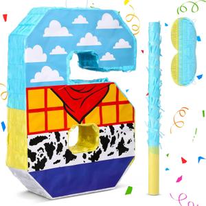 Blue Cow Number 6 Pinata for 6th Birthday Party Decorations, Perfect for 6th Birthday Party Supplies, Fiesta Anniversary Celebration Birthday Pinata with Stick Blindfold (Large 16 x 11.8 x 3.2 Inches)