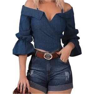 SweatyRocks Women's Cold Shoulder Wrap Crop Blouse 3/4 Length Sleeve Ruffle Hem Dressy Shirt Tops (Blue, XL)