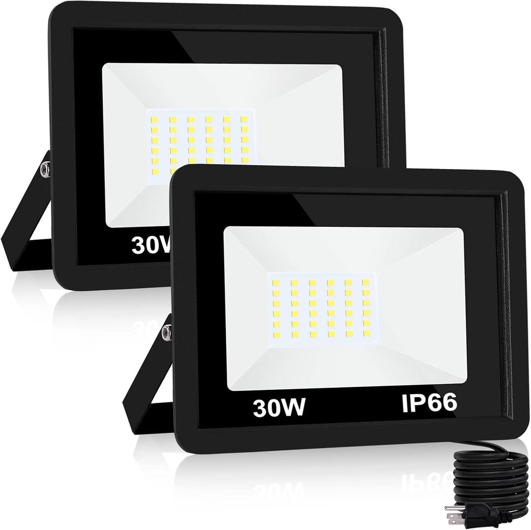 30W LED Flood Light Outdoor, LED Work Light,Floodlight Fixture with Plug in IP66 Waterproof, 6500K 2 Pack Security Light for Yard Garden Stadium Garage Playground