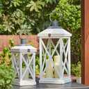 Glitzhome Modern Farmhouse Wooden Lantern Hanging Decorative Candle Lantern for Outdoor & Indoor Wash White Set of 2 (No Glass)