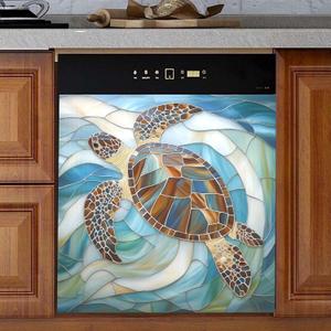 Sea Turtle Glass Ocean Nautical Coastal Dishwasher Magnet Cover Dishwasher Sticker Magnet Cover, Refrigerator Magnet Decal Panels 23 x 26