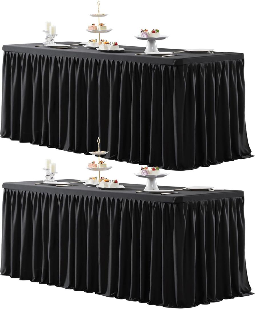 2 Pack Black Tablecloths for 6 Foot Rectangle Tables Fitted, Open Back Washable Fabric Stretch Spandex Table Cover Cloth for Trade Show, Craft Show, Display Table, Events, Party, Vendor Booth