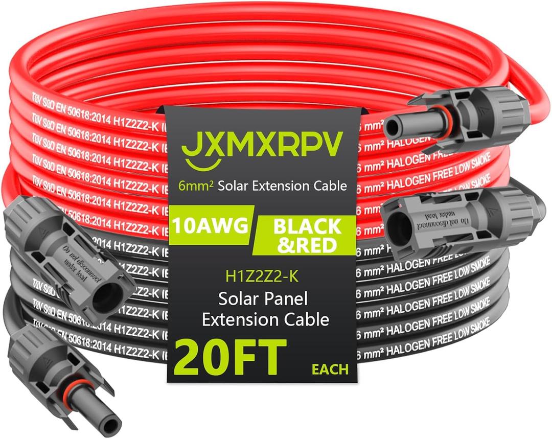 Solar Extension Cable 20Ft 10AWG, Solar Wire with Tool-Free Solar Connectors, Waterproof Solar Panel Extension Cable 6mm, PV Cable 10Gauge for Home Boat RV Solar Panels(20ft)