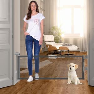 14" H Short Dog Gate Pet Gates Puppy Gate 59" Wide Step Over Pet Fence, Mesh Retractable Indoor Outdoor Expands Up to 59 Inches Small Dog Gates for Doorways Stairs(Gray)