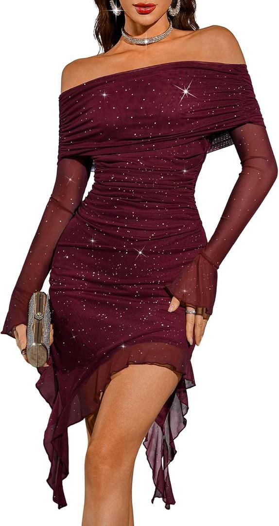 BeryLove Women's Sexy Sequin Prom Cocktail Dress Ruched Bodycon Off Shoulder Formal Party Long Sleeve Dresses (XX-Large, Burgundy)