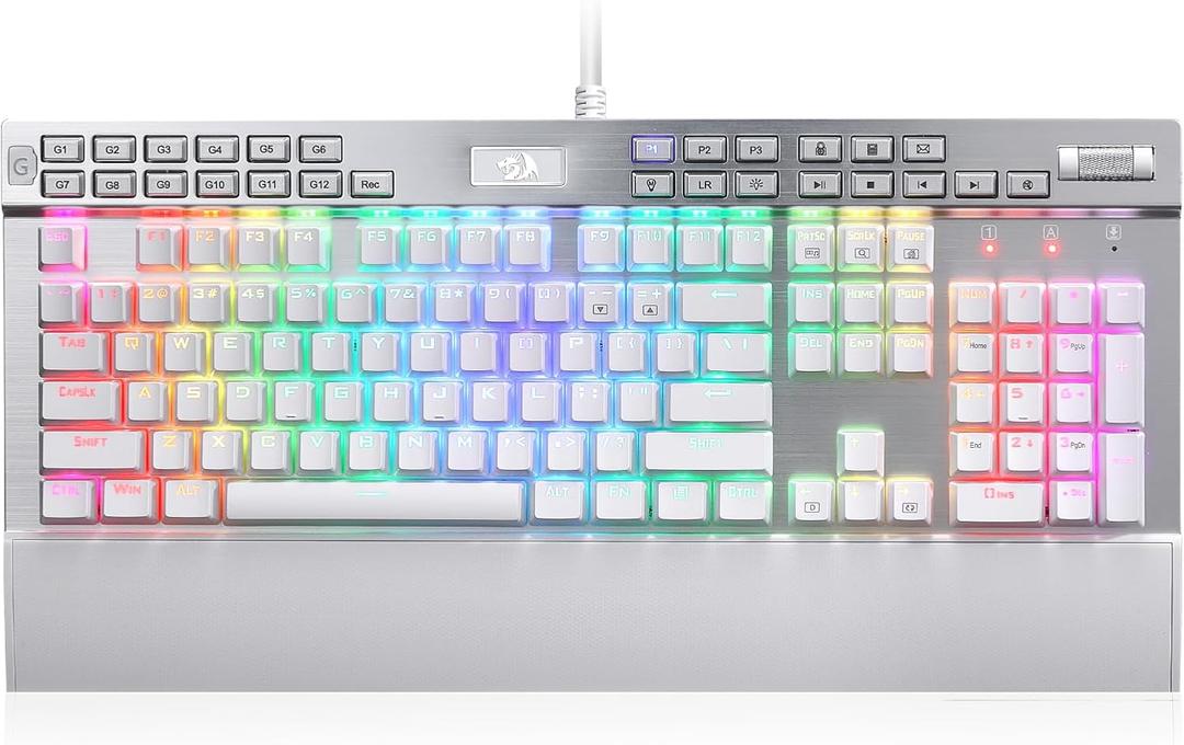 Redragon K550 RGB Gaming Keyboard, 104 Keys + 12 Macro G Keys Wired Mechanical Keyboard w/Aluminum Top Plate, Custom Clicky Purple Switch, Extra USB Port & Wrist Rest