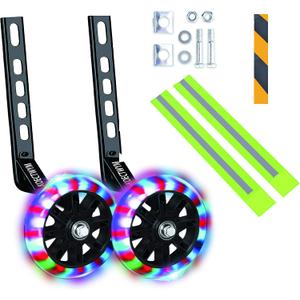 Kids' Bicycle Training Wheels Flash Mute Heavy Duty Rear Wheel with Stabilizers Mounted (for 12 14 16 18 20 inch Kids Bike) 1 Pair + 1 Reflective Tape + 2 Reflective Arm Bands (Black)