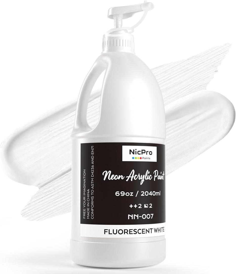 Nicpro White Large Acrylic Paint Set (69 oz, 2040 ml), Glow in the Black Light, Non Toxic Neon Paint for Neon Party Decoration, DIY Project on Multi Surface, Canvas, Rock, Wood, Craft