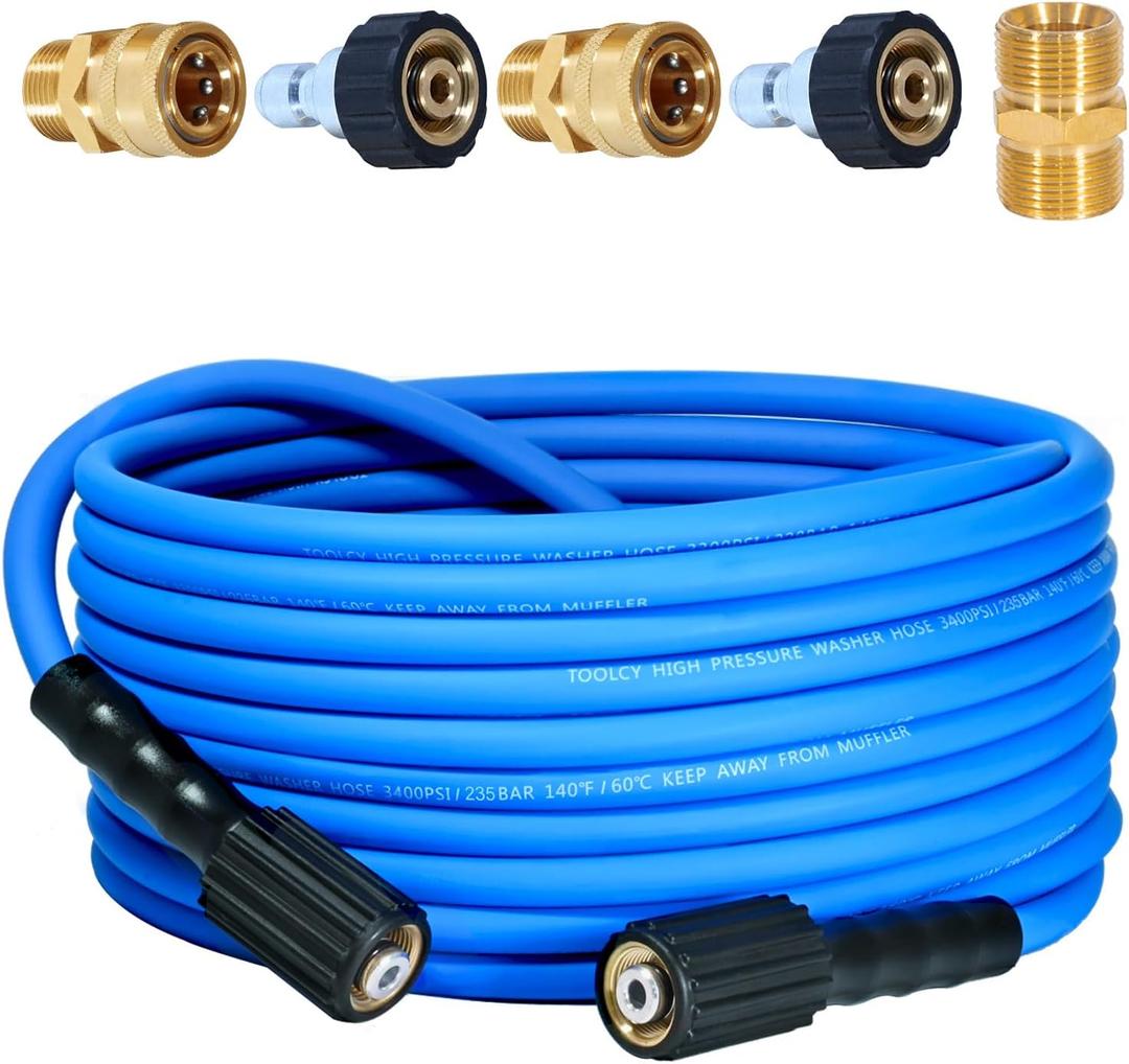 TOOLCY Super Flexible Pressure Washer Hose 30ft, 3400 PSI Kink Resistant Power Washer Hose 1/4 in., Replacement Power Wash Hose with M22 and 3/8" Quick Connection Kit for Gas & Electric