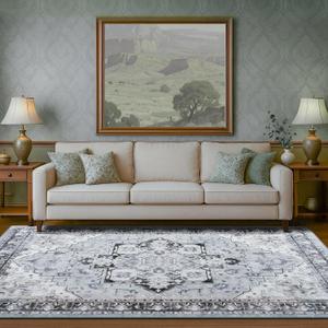 Boho Washable Area Rug 9x12, Spill-Proof Surface, Non-Slip Backin,Low Pile Faux Wool Large Printed Rugs for Living Room, Bedroom, Ding Room, Entryway and Home Decor (Cyan, 9x12)