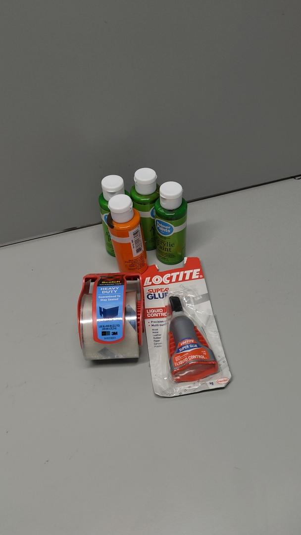 Mixed items ( Scotch Tape, 4 Pack Assorted Acrylic Paint, Super Glue) 