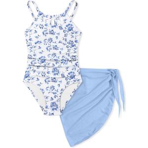 KANGKANG Girls Swimsuit Quick Dry Cut Out One Piece Swimsuits with Tropical Print Cover Up Skirt Bathing Suit Swimwear 7-18Y (13-14 Years, Light Purple Floral)