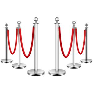 VIVOHOME Stainless Steel Stanchion Post Queue 6PCS Pole w/ 4 Red Velvet Ropes, Crowd Control Barriers w/Fillable Base for High-end Venues, Museums, Party Supplies (6 Pieces, Silver) (Sliver)