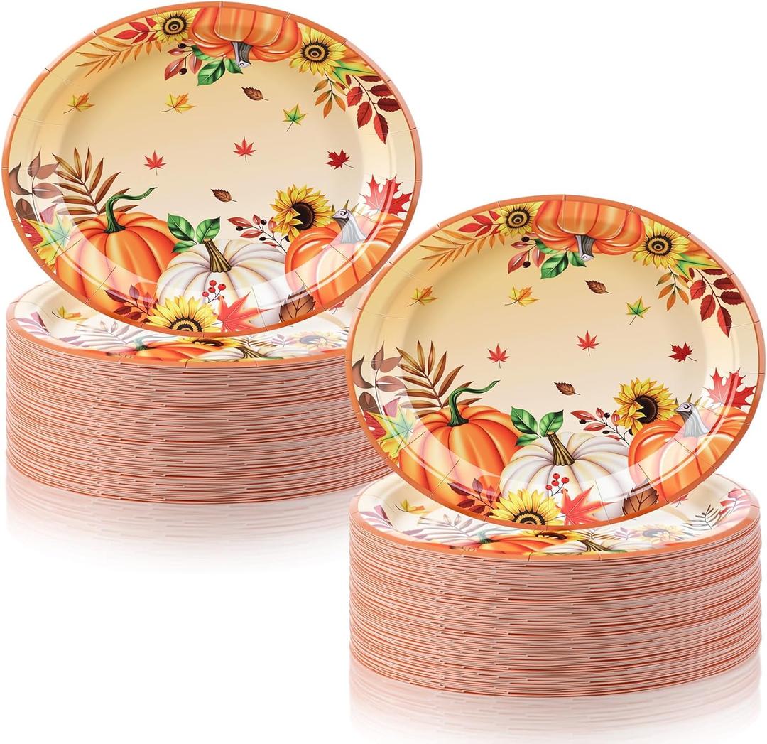 Jenaai 100 Pcs Thanksgiving Oval Paper Plates 12.6" x 10.6" Heavy Duty Fall Leaves Plates Large Disposable Dinnerware Set Serving Party Platters for Thanksgiving Harvest Party Supplies Decorations