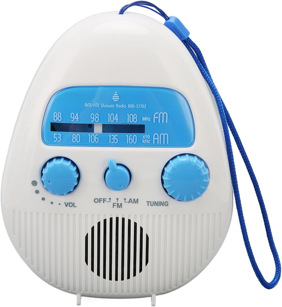 AM FM Shower Radio Built in Speaker, Hanging Bathroom Radio with Rotating Knob for Easy Tuning and Volume Control.