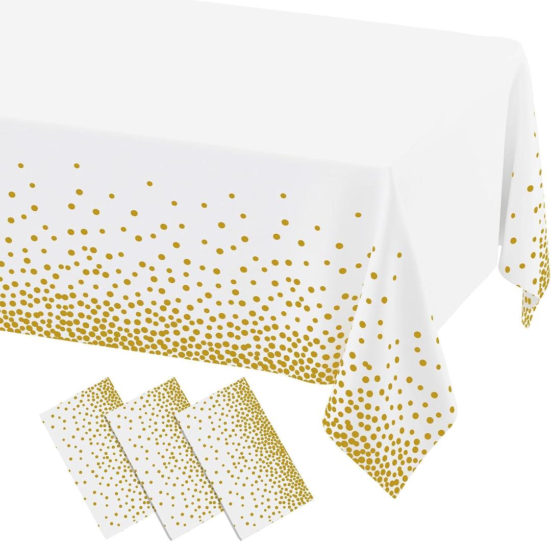 misaya 3 Packs Dot Disposable Table Cloth, 54 x 108 Inch Waterproof Plastic Tablecloth, Rectangle Gold Dots in White Table Covers for Picnic, Birthday, Party