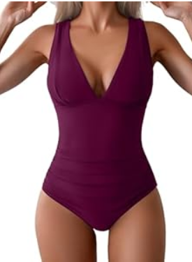 Eomenie One Piece Swimsuit for Women Tummy Control Plunge V Neck Bathing Suit Slimming Wide Straps Swimwear (Small,  Burgundy)