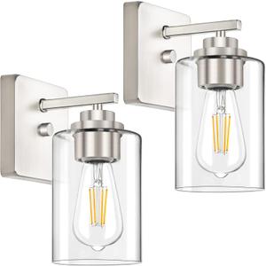 Set of 2 Wall Sconces for Bathroom, Brushed Nickel Vanity Light Fixtures, Modern Wall Mount Lighting Lanterns, Farmhouse Wall Lamps with Clear Glass Shade for Bedroom Living Room Mirror Hallway Porch