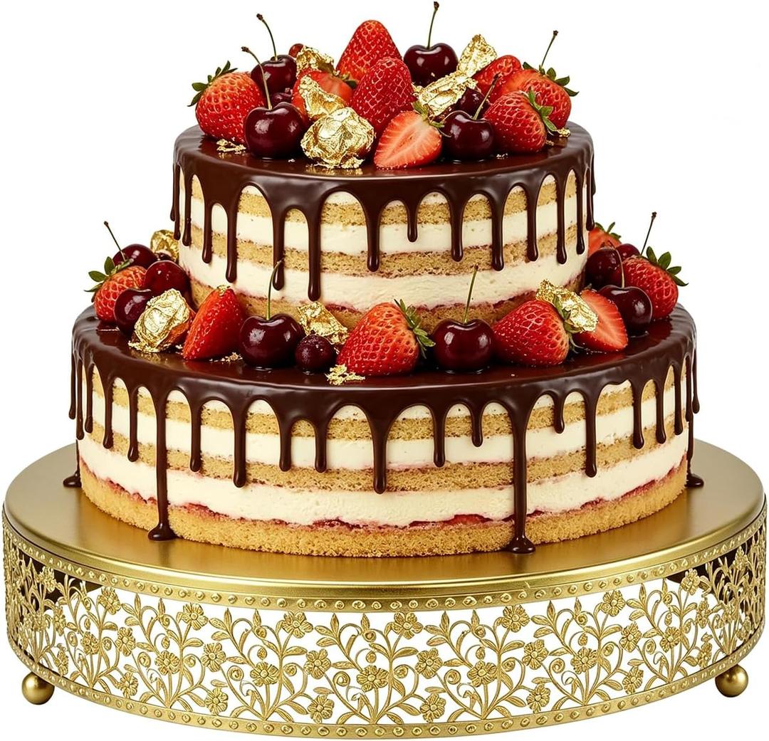 14 Inch Gold Cake Stand,Round Floral Lace Metal Display Tray