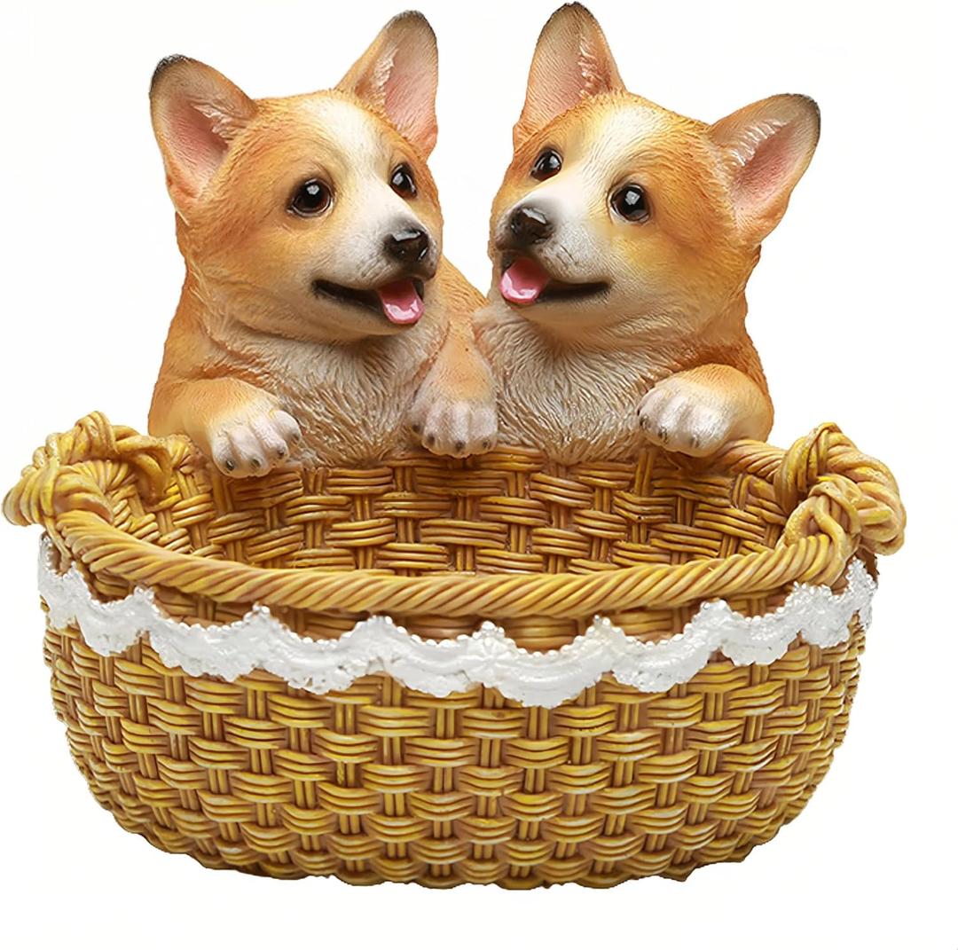 Lifelike Corgi Statue Resin Dog Figurine in Basket, Cute Puppy Animal Sculpture for Home Garden Decor, Weather-Resistant Outdoor Patio Yard Ornament, Unique Gifts for Corgi Lovers and Dog Moms