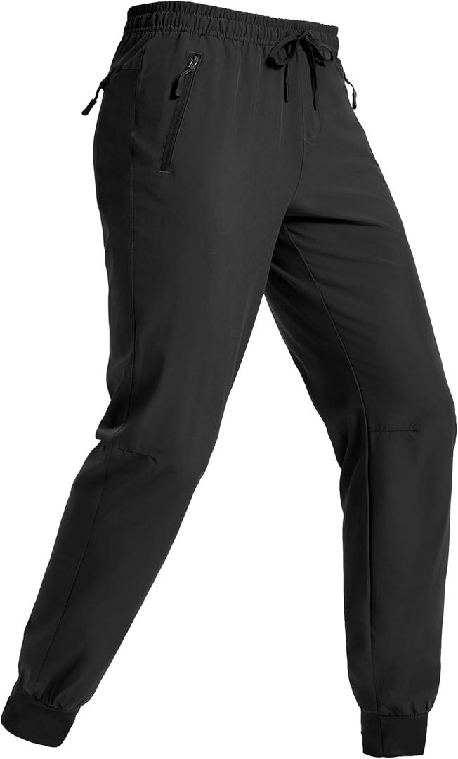 MAGNIVIT Men's Joggers with Zipper Pockets Lightweight Athletic Track Pants | Water Repellent,Quick Dry,3 Zippered Pockets,4-way stretch fabric (Black)