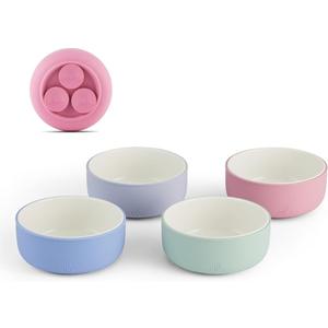 Elk and Friends Kids Porcelain Bowls with Silicone Suction Sleeves | Suitable for Babies/Toddlers | Microwave & Dishwasher Safe | Stay Put Dinnerware | Snack Dishes | 4 Pack (Lilac/Misty Blue/Sage/Blush)