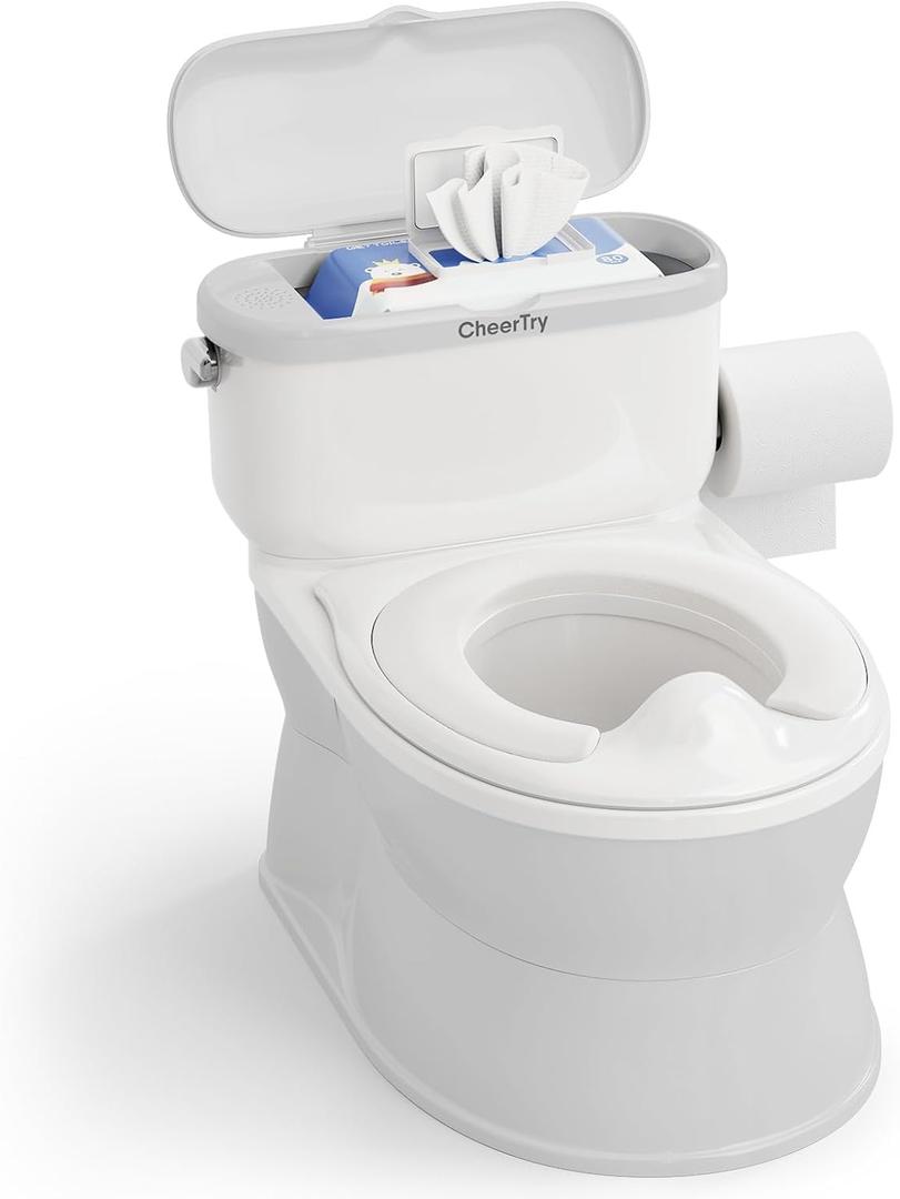 CheerTry 2-in-1 Toddler Potty Training Toilet - with Detachable Training Seat, Realistic Flushing Sound for Boys & Girls Ages 1-3 with Wipes Storage, Toilet Paper Holder