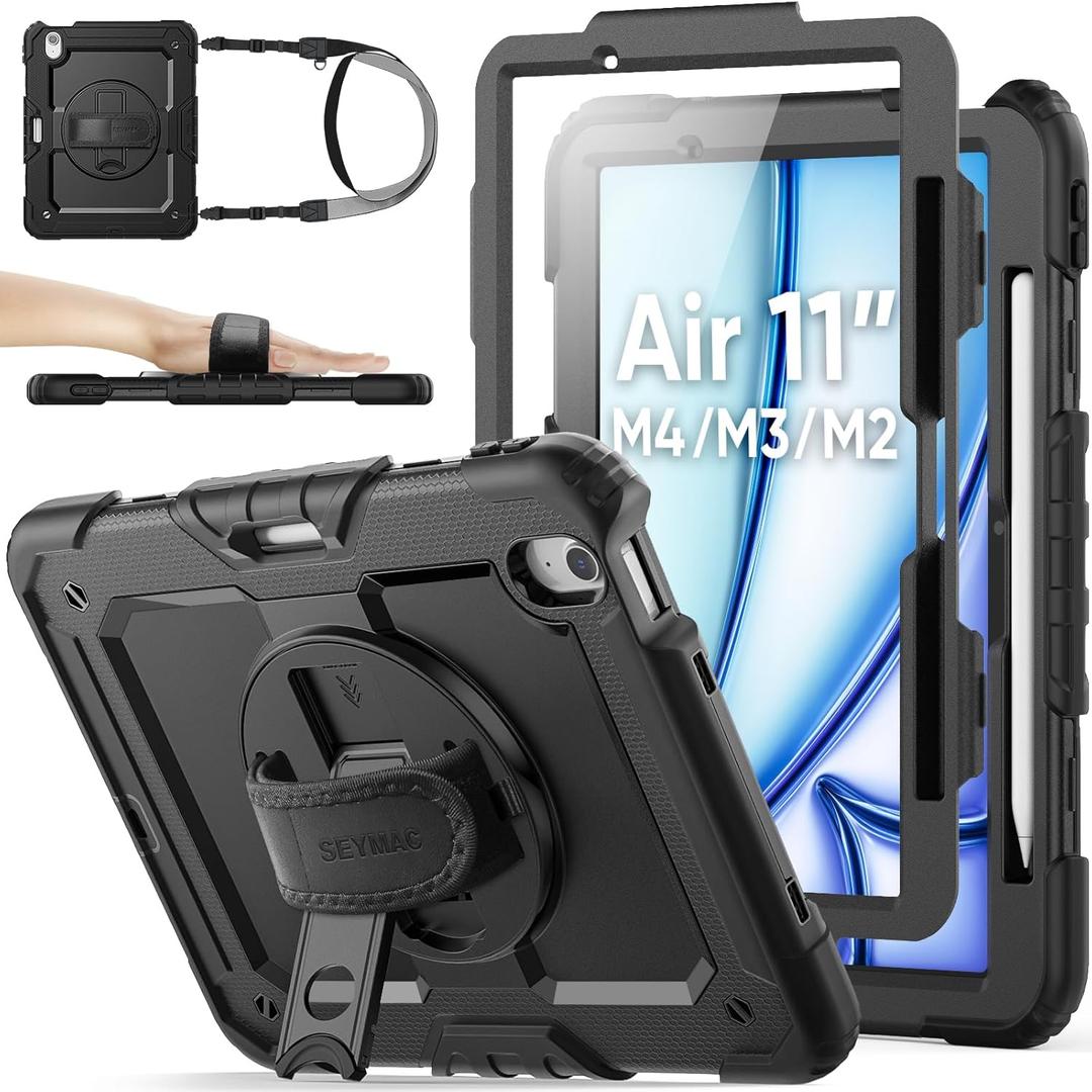 SEYMAC stock Case for iPad Air 11-inch M4-M2 2026-2024 (Gen 8-6), Shockproof Heavy Duty Case with Screen Protector, Pencil Holder, Rotating Stand, Hand Strap, Shoulder Strap, Black