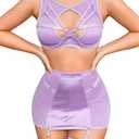 Kaei&Shi Garter Lingerie for Women, Strappy High Waisted Skirt G String 4 Piece Sexy Exotic Lingerie Outfits Set Boudoir (12-14, Purple)