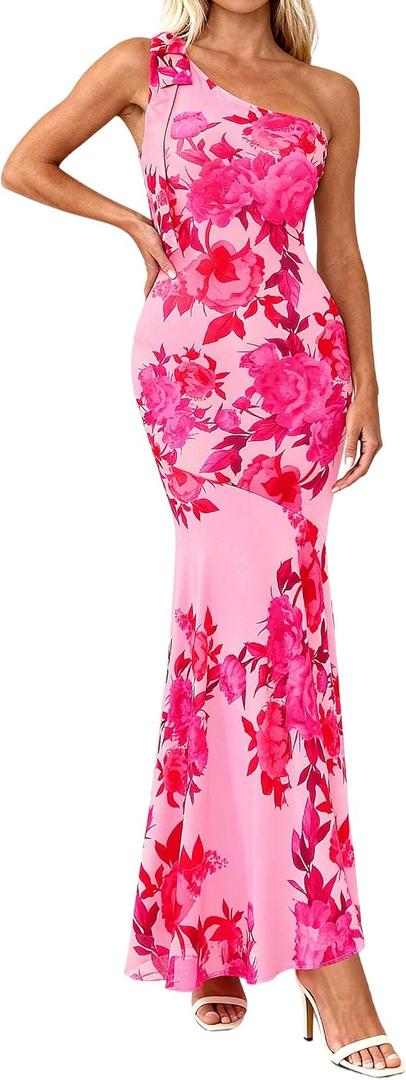 PRETTYGARDEN Womens Summer One Shoulder Maxi Dress 2026 Floral Sleeveless Bodycon Mesh Long Beach Vacation Sun Dresses (Pink, S)