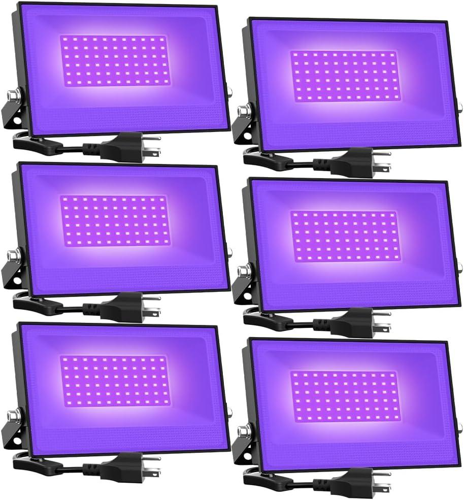 Onforu 6 Pack 38W LED Black Lights, Blacklight Flood Light with Plug, IP66 Waterproof, for Halloween Party, Glow in The Dark, Stage Lighting, Aquarium, Body Paint, Fluorescent Poster, Neon Glow,Black