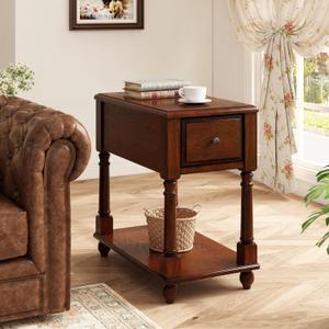 Narrow Open End Table with Drawer, Solid Wood Side Table 2-Tier Skinny Table with Storage Shelves Slim Nightstand Small Sofa End Table for Living Room Bedroom-Cherry Walnut 004DWA (Single)