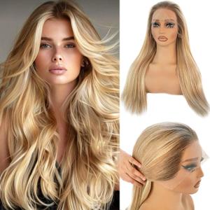 Balayage Highlight Lace Front Wig Human Hair for White Women 4T12/613 13x4 HD Lace Frontal Wigs Pre Plucked 180% Density Chocolate Brown to Bleach Blonde Highlights Brazilian Human Hair Wigs 18 Inch