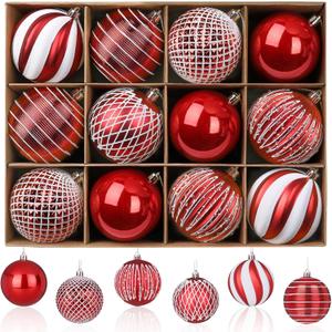 SHareconn 80mm Christmas Balls Ornaments,12PCS Colored Shatterproof Plastic Decorative Hanging Tree Decorations Baubles Set for Xmas Tree Decor Holiday Party Wedding Decoration with Lanyard, Red&White (8CM)