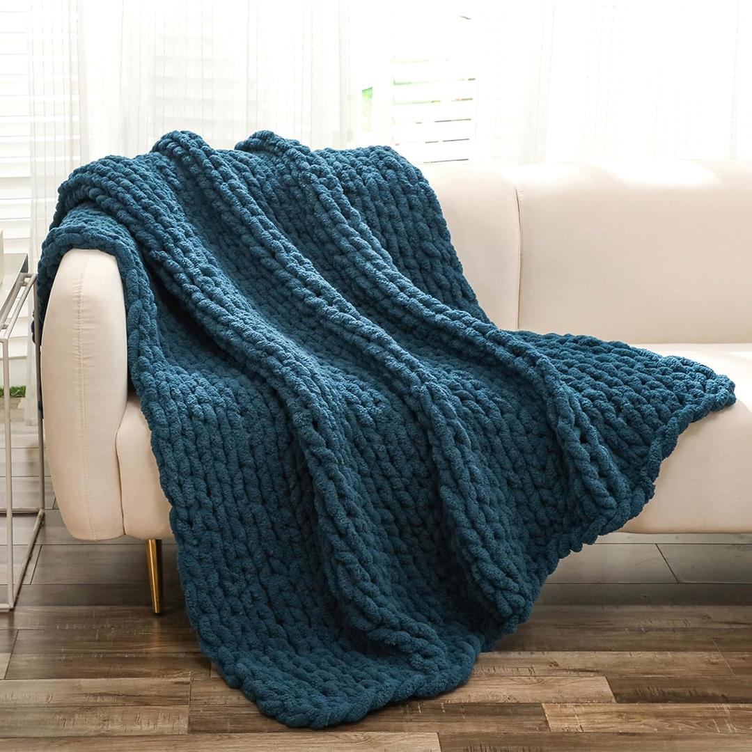 YAAPSU Chunky Knit Throw Blanket for Couch, 51x63, 100% Hand Knitted Thick Cable Knit with Cozy Jumbo Chenille Yarn, Soft Large Rope Knot Crochet Blankets for Sofa Bed Living Room Dcor, Ocean Blue