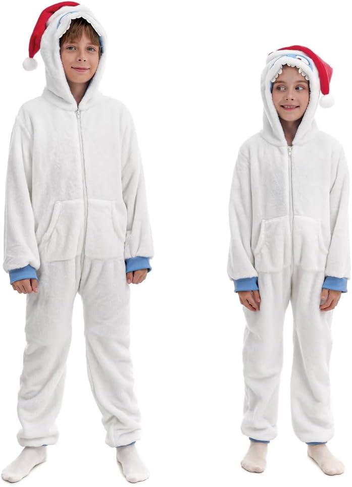 HSCTEK Fuzzy Teddy Fleece Child Snow Monster Onesies Costume with Hoodie (5-6, White)
