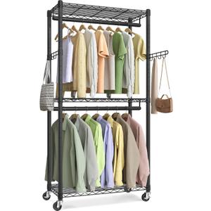 SONGMICS Heavy-Duty Rolling Clothes Rack, Garment Rack, Portable Closet, 29.5-Inch Wide Clothing Rack on Wheels, with Adjustable Mesh Shelves and Hanging Rails, Hooks, Ink Black ULGR412B01 (Small)