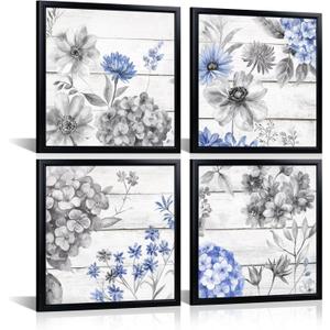 HOMEOART Floral Wall Art Flower Painting Bathroom Wall Art Bedroom Wall Decor, Set of 4, Black Frame 12x12inchx4Pieces (Blue)