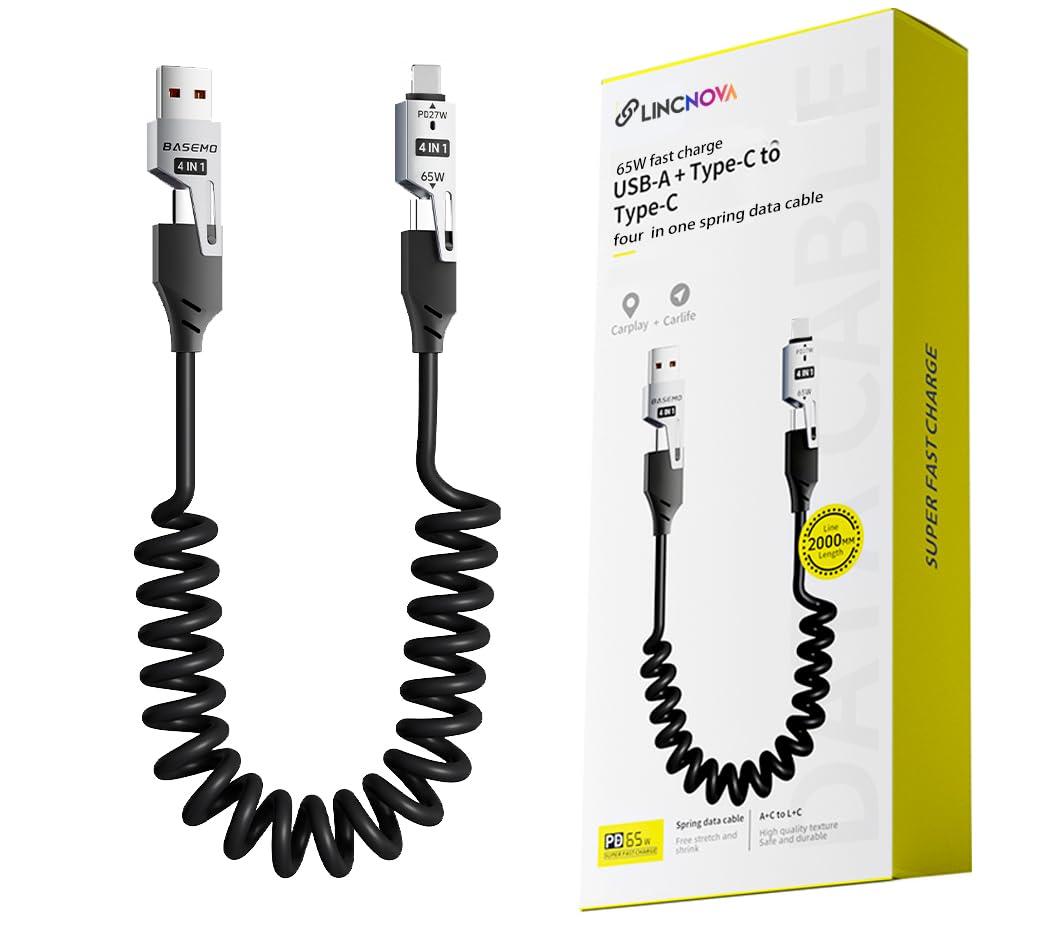 4-in-1 Charging Cable Spring Wire Supercharging Cable Compatible to Apple MacBook, iPad, iPhone Car USB C - Type C (SPRINGBLACK)