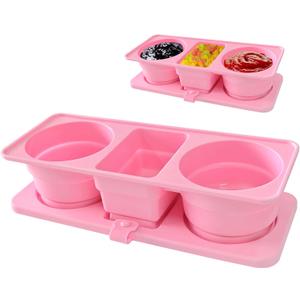 Silicone Snack Containers, Three-Compartment Foldable Snack Box Containers With Lids, Salad Dressing Seasoning Containers, Suitable for Travel, Office, Picnics (Pink)