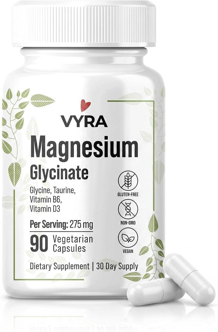 VYRA Magnesium Glycinate 275mg – High Absorption Magnesium Supplement with Glycine, Taurine, Vitamin B6 & D3 – Supports Sleep, Relaxation, Muscle Recovery & Calm – 90 Vegetarian Capsules. EXP: 04/2029