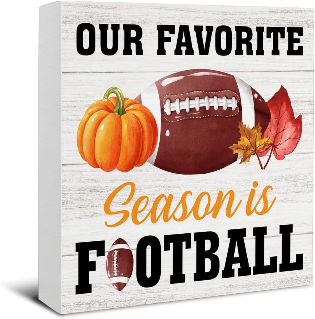 Football Decor - Fall Decorations for Home - Fall Decor - Our Favorite Season Is Football Pumpkin Wooden Sign Home Office Living Room Desk Shelf Table Decoration - 5 x 5 Inches
