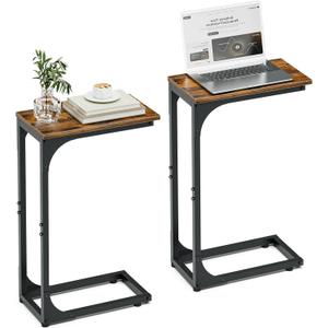 C-Shaped End Tables Set of 2 - Modern Small Sofa Table with TV Tray for Couch Arm, Narrow Side Table for Living Room, Bedroom, or Compact Spaces, Rustic Wood Top with Metal Frame, Rustic Brown