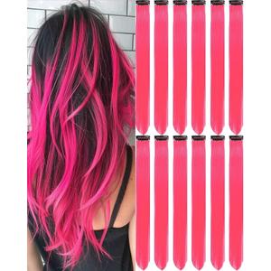 12 PCS Hot Pink Hair Extensions Clip in 22 inch, Colored Party Synthetic Neon Highlights Extensions, Rainbow Hair Accessories for Girls Women