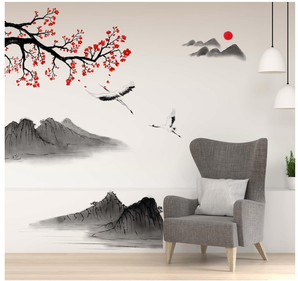 Japanese Style Landscape Painting Wall Stickers - Cherry Blossom Wall Decals - Bedroom Living Room Sofa TV Background Home Wall Décor