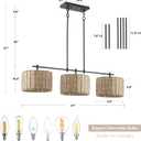 41" Chandelier Woven Rattan Light Fixture with 3 Wicker Lampshades, Large Linear Boho Chandeliers Drum Pendant Lights Kitchen Island